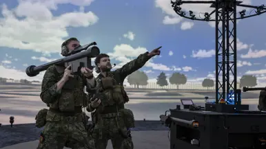 Militair houdt de Stinger vast, zijn buddy wijst naar het doelwit. 
