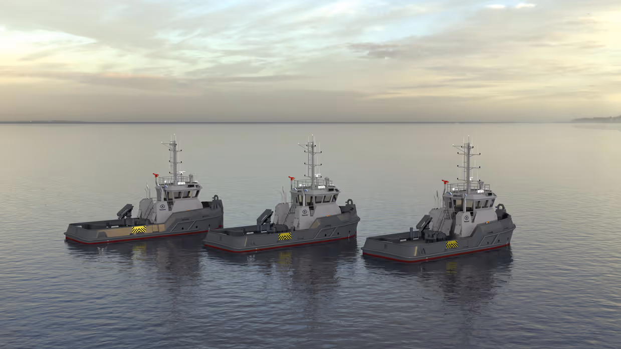 Animatie van achterkant 3 marine sleepboten op een rij in stil water. 