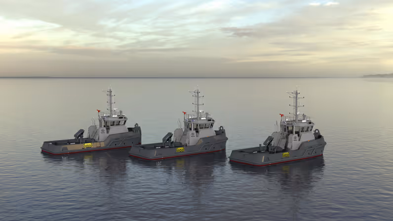 Animatie van achterkant 3 marine sleepboten op een rij in stil water. 