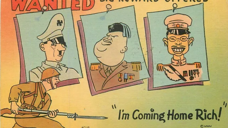Wanted-poster met drie portretten van mannen in uniform. Soldaat met bajonet loopt weg. Tekst: "I'm Coming Home Rich!". 