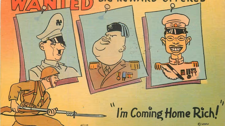 Wanted-poster met drie portretten van mannen in uniform. Soldaat met bajonet loopt weg. Tekst: "I'm Coming Home Rich!". 