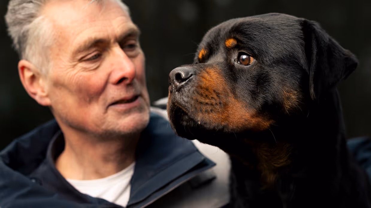 Links een man in uniform. Hij omarmt een grote zwart-bruine hond met opgetrokken oren. Achtergrond toont een bosrijke omgeving met een metalen hek. Rechts een glimlachende man in uniform staat naast een zwarte Rottweiler met open bek. Bosrijke omgeving op de achtergrond, met een ontspannen en vriendelijke sfeer. 