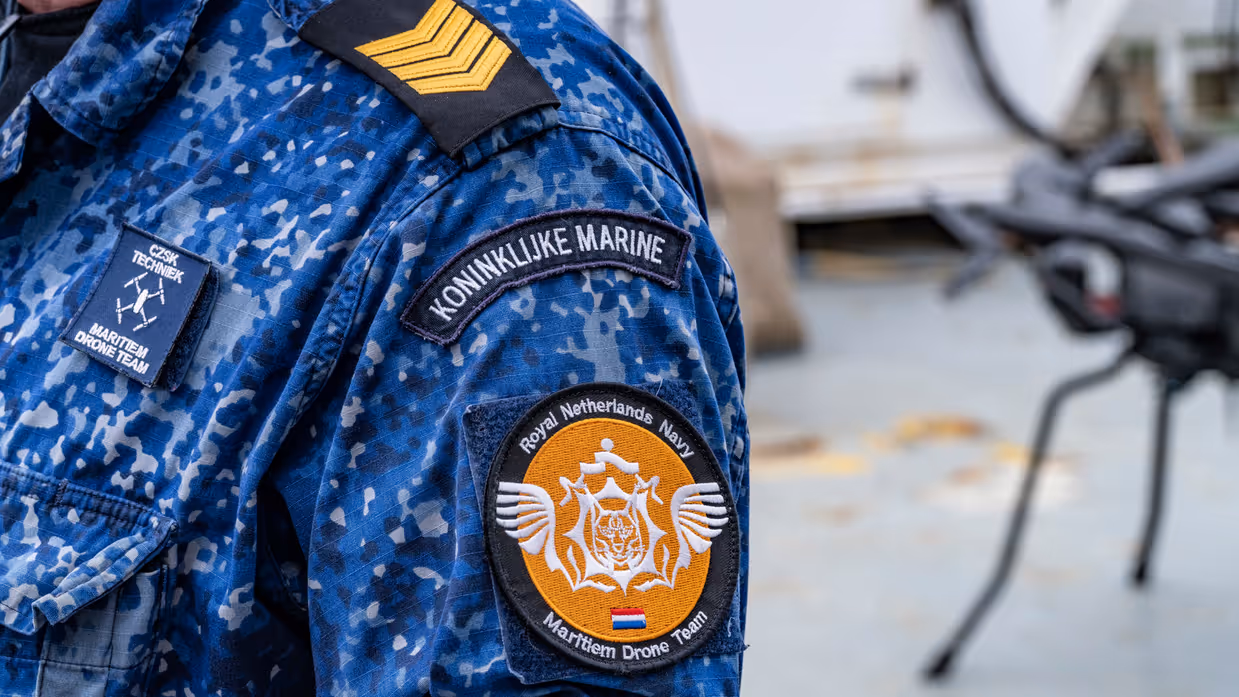Emblemen van eenheden op de bovenarmen van 2 militairen.
