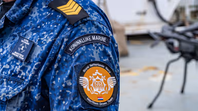 Emblemen van eenheden op de bovenarmen van 2 militairen.