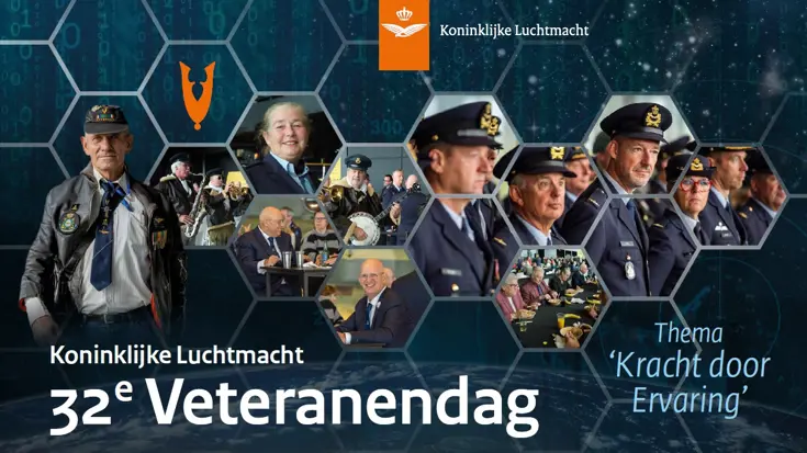 De aankondigingsafbeelding van de Veteranendag Koninklijke Luchtmacht. Een blauwe achtergrond met daarop honingraat-afbeeldingen met daarin foto’s van luchtmachtmilitairen en veteranen.