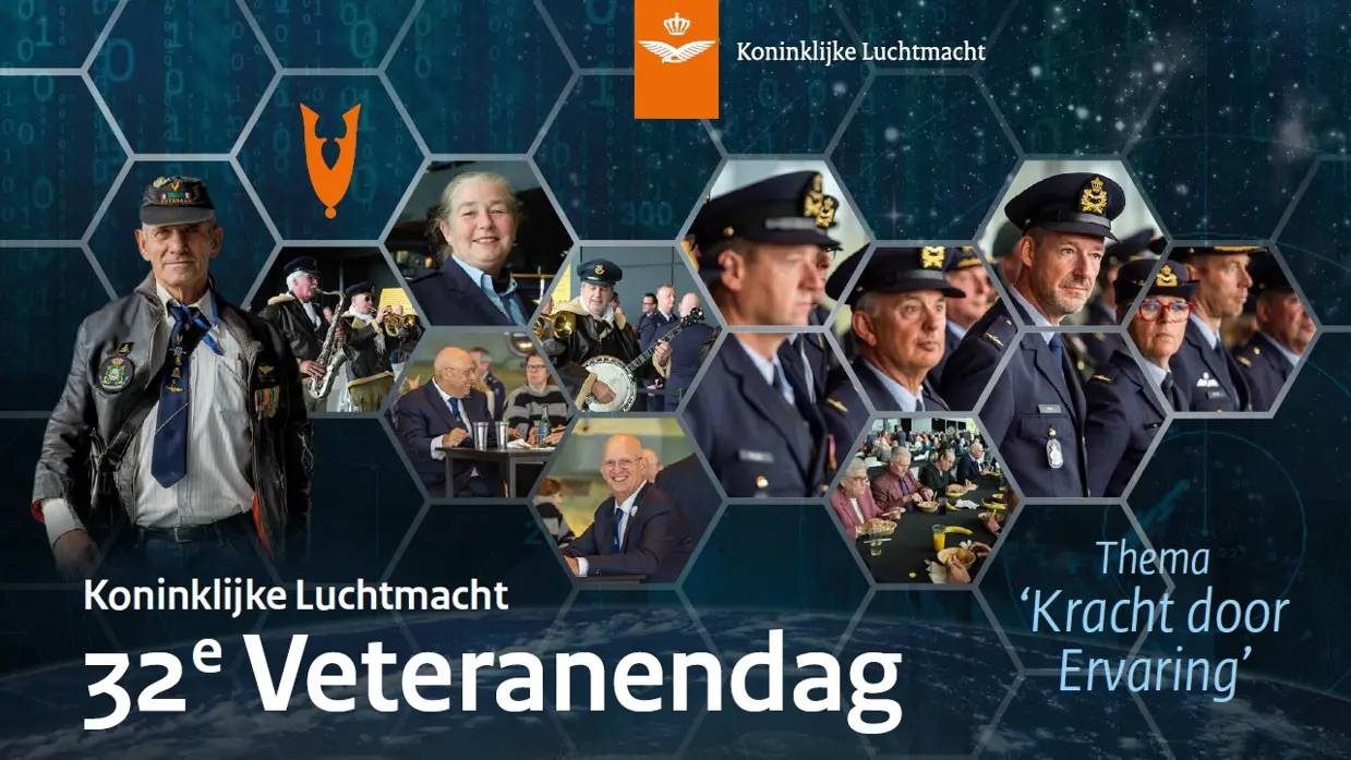 De aankondigingsafbeelding van de Veteranendag Koninklijke Luchtmacht. Een blauwe achtergrond met daarop honingraat-afbeeldingen met daarin foto’s van luchtmachtmilitairen en veteranen.
