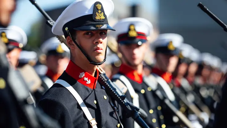 Rij adelborsten in ceremonieel tenue kijkt naar links.