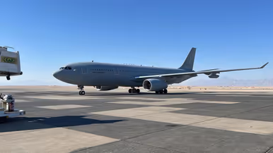 Een A330 MRTT op een platform tegen een bergachtige achtergrond en een strakblauwe lucht.