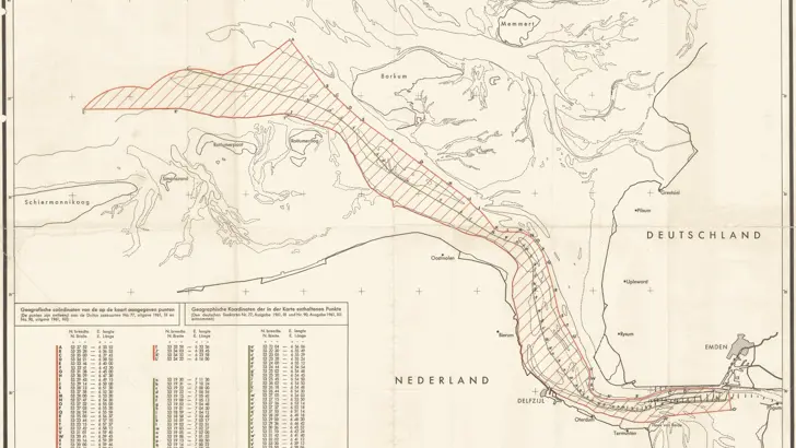 Kaart van de Eemsmonding behorende bij de aanvullende overeenkomst van het Eems-Dollardverdrag. Informatie staat op de pagina Nederlandse grenzen op de Noordzee.