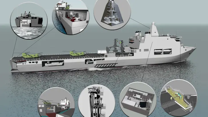 Artist impression met bijzondere aspecten van het schip uitgelicht.