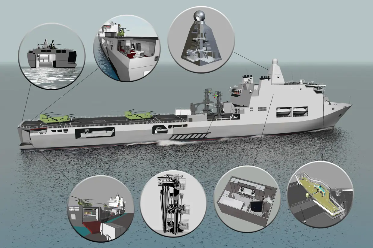 Artist impression met bijzondere aspecten van het schip uitgelicht.