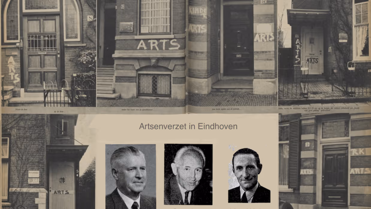 Zwart-wit foto van een muur met "arts" in grote letters en een bordje met spreekuren.