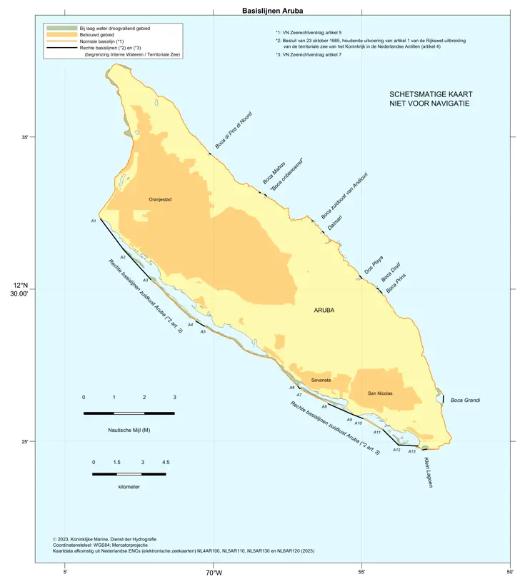 Kaart: zonegrenzen voor Aruba (benedenwindse diepte Nederlandse Antillen). De inhoud van de kaart is te gebruiken door zeevarenden.