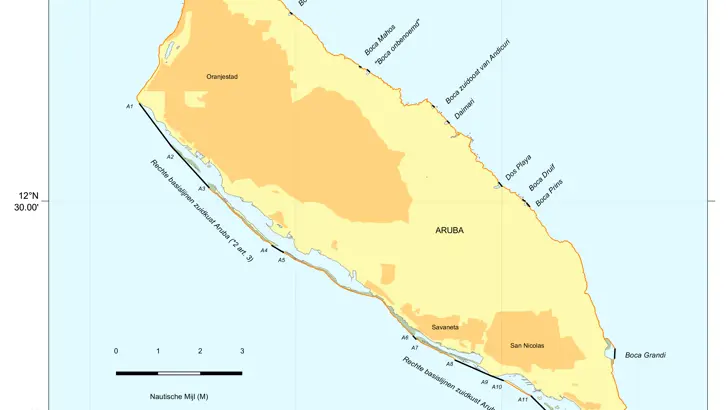 Kaart: zonegrenzen voor Aruba (benedenwindse diepte Nederlandse Antillen). De inhoud van de kaart is te gebruiken door zeevarenden.