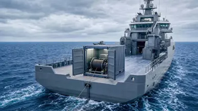 Een visualisatie van een varend marineschip. Op het achterdek een container van waaruit een kabel in zee wordt gerold.