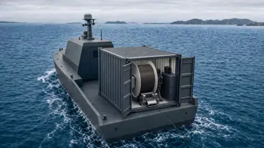 Een visualisatie van een onbemand bootje. Achterop staat een container van waaruit een kabel in zee wordt gerold.