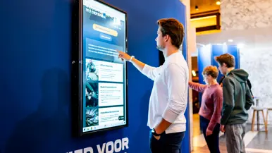Een volle zaal in bioscoopopstelling met op het podium militairen van de verschillende krijgsmachtdelen en onder meer een groene tent en marechaussee-motor. De zaal is verlicht met roze, oranje en groen.