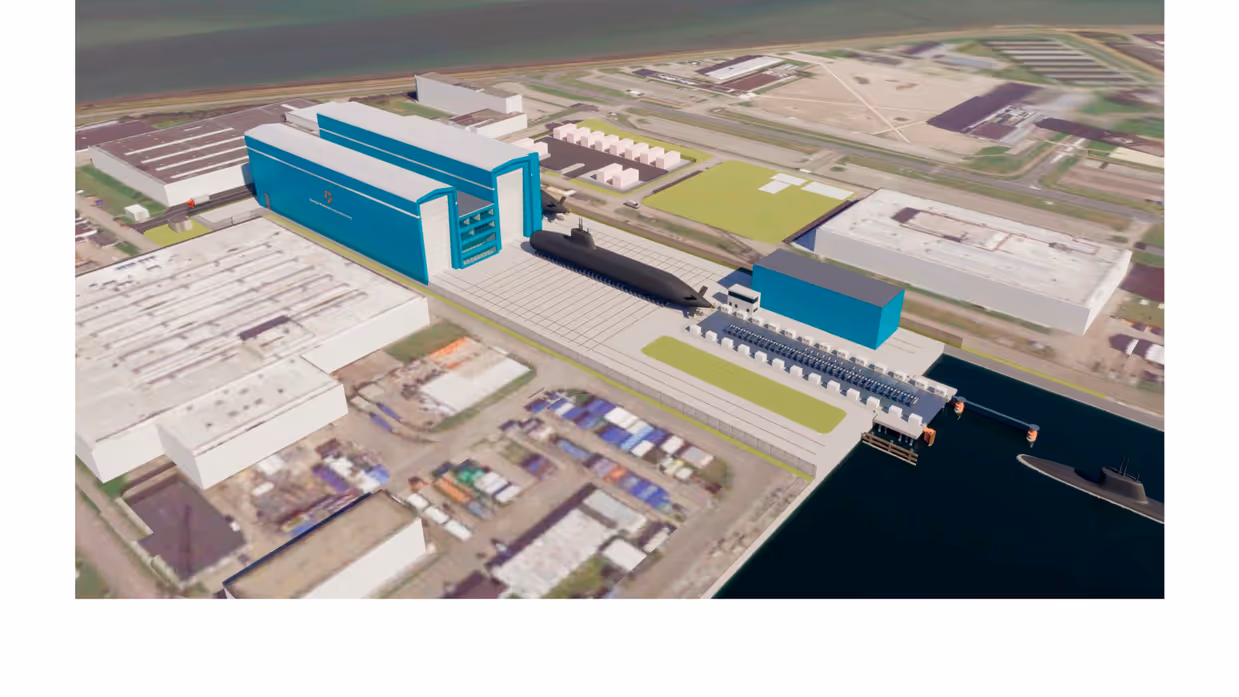 Een art impression van een werf met hallen en een onderzeeboot.