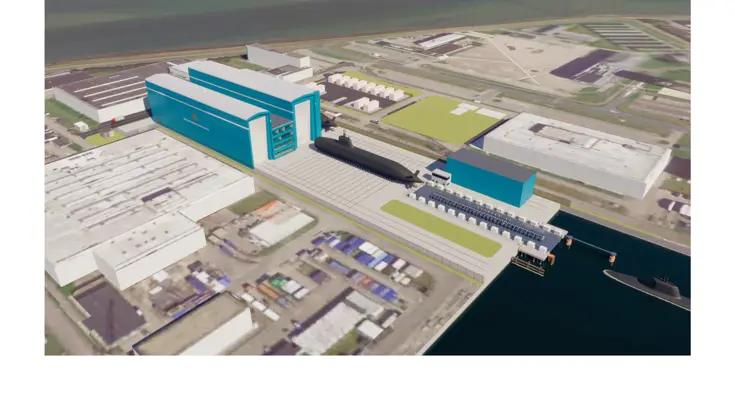 Een art impression van een werf met hallen en een onderzeeboot.
