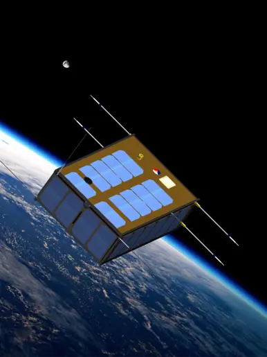 Illustratie van een kleine satelliet die in een baan rond de aarde beweegt. 