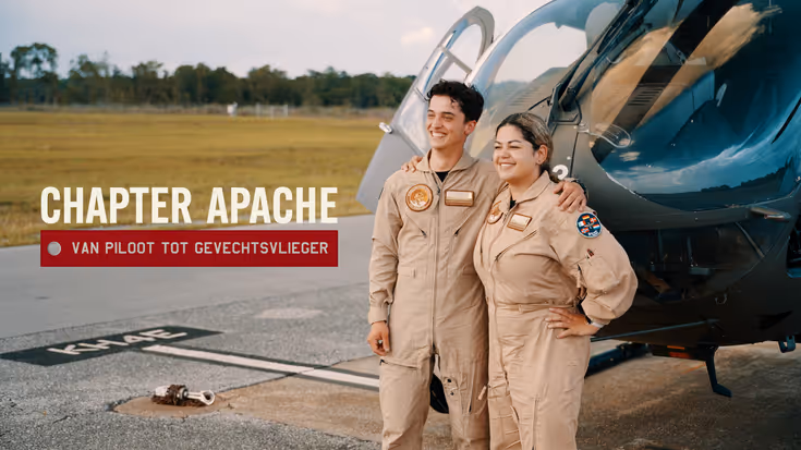 Foto van de twee vliegers voor een helikopter. Op de foto staat de tekst: Chapter Apache – van piloot tot gevechtsvlieger.