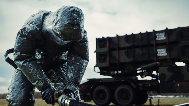 Een militair in een beschermend pak heeft een slang vast. 