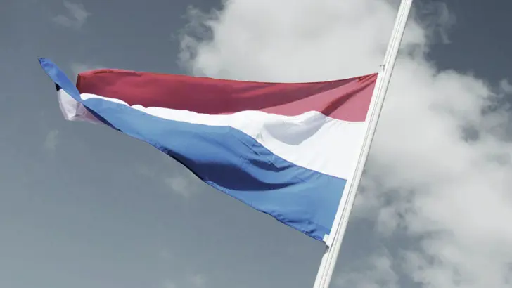 Nederlandse vlag halfstok tegen grijze wolkenlucht.