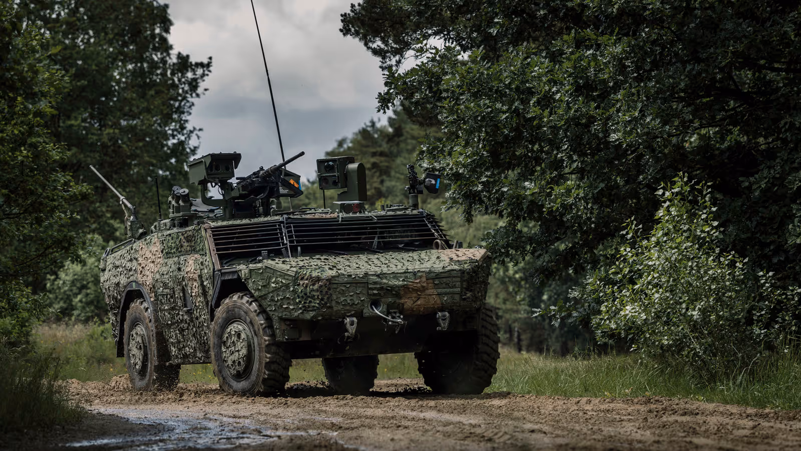 Een Fennek-voertuig met een camouflagenet rijdt door een beboste omgeving.