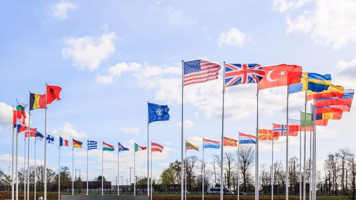 Vlaggen van alle NAVO-bondgenoten in een cirkel.