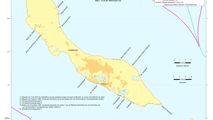 Kaart: zonegrenzen voor Curaçao (benedenwindse diepte Nederlandse Antillen). De inhoud van de kaart is te gebruiken door zeevarenden.