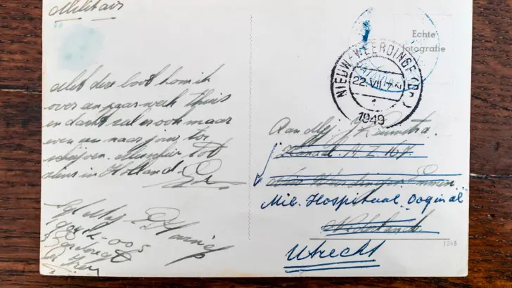 Ansichtkaart uit 1949, geschreven aan militair verpleegkundige.