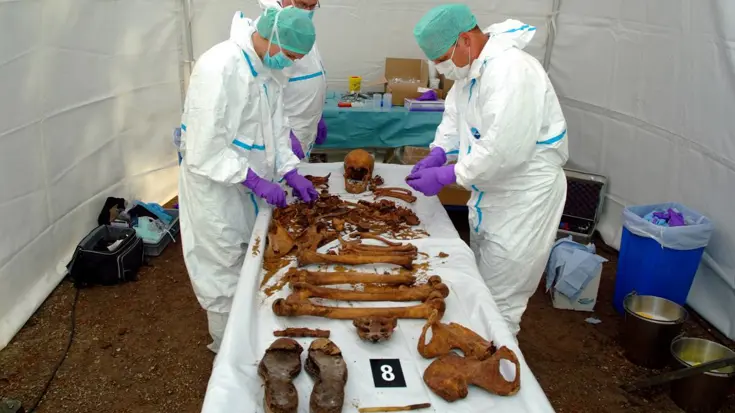 3 identificatiespecialisten nemen een DNA-monster af van een skelet dat op een tafel ligt.