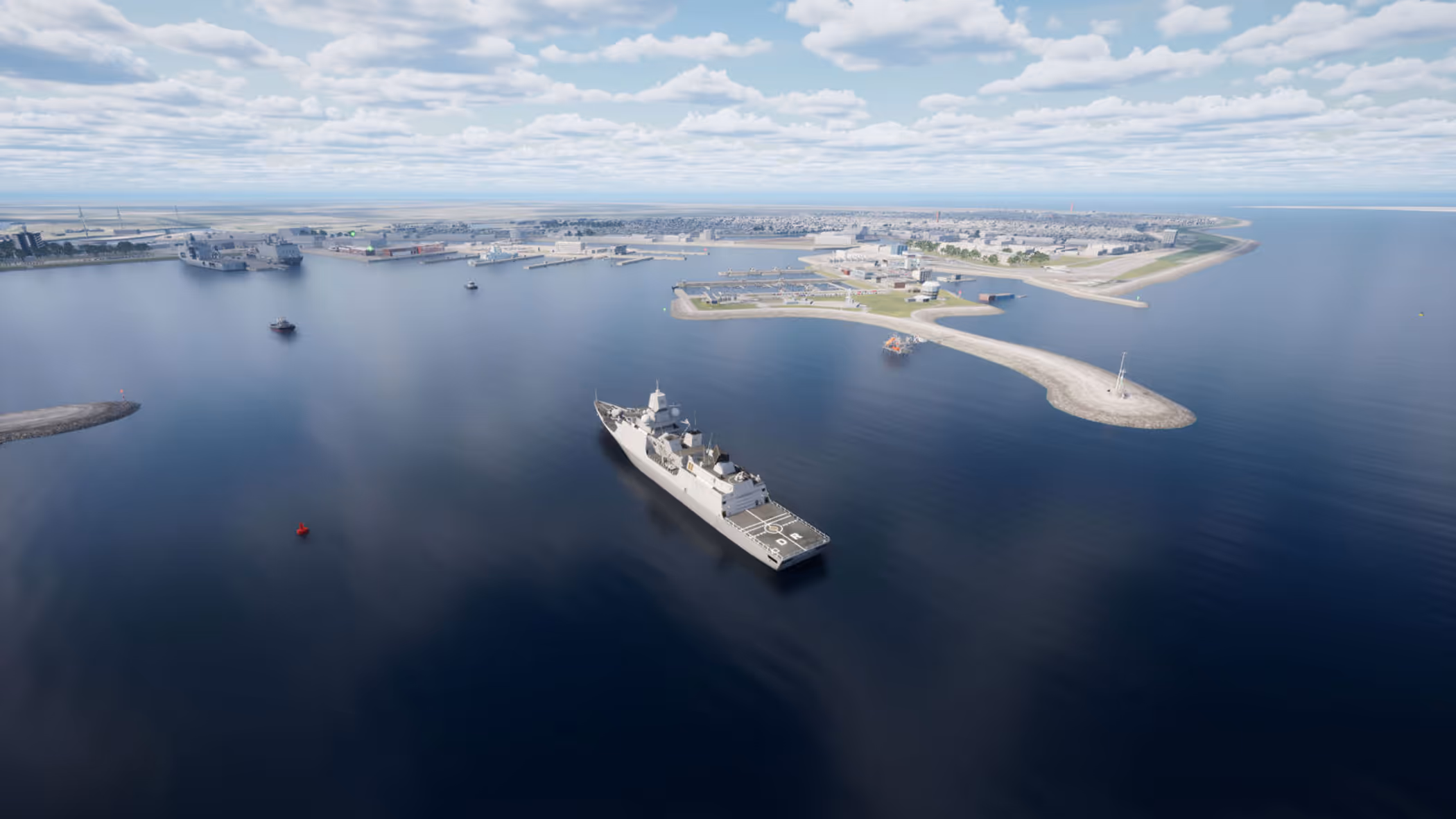 Beeld (screenshot) vanuit de simulator: een binnenvarend schip in de nieuwe Berghaven.