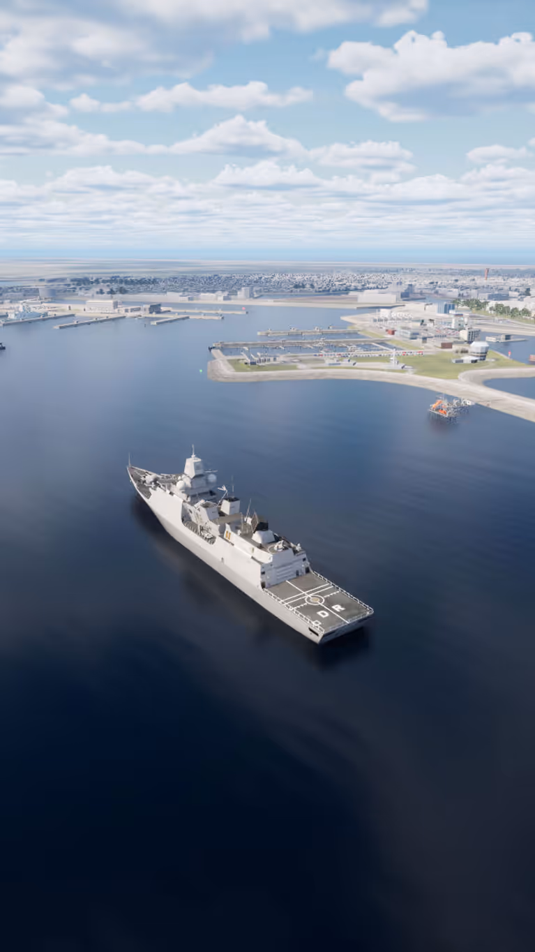 Beeld (screenshot) vanuit de simulator: een binnenvarend schip in de nieuwe Berghaven.