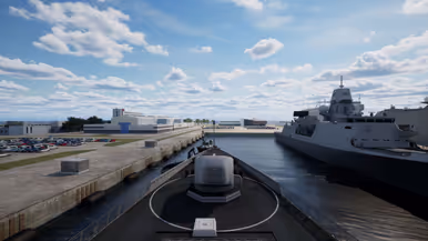 : Beeld (screenshot) vanuit de simulator: vanaf de brug van het schip is de nieuwe Berghaven te zien.