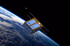 Impressie van satelliet die rond de aarde zweeft.