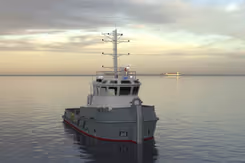 Grijze sleepboot met witte kajuit op het water.