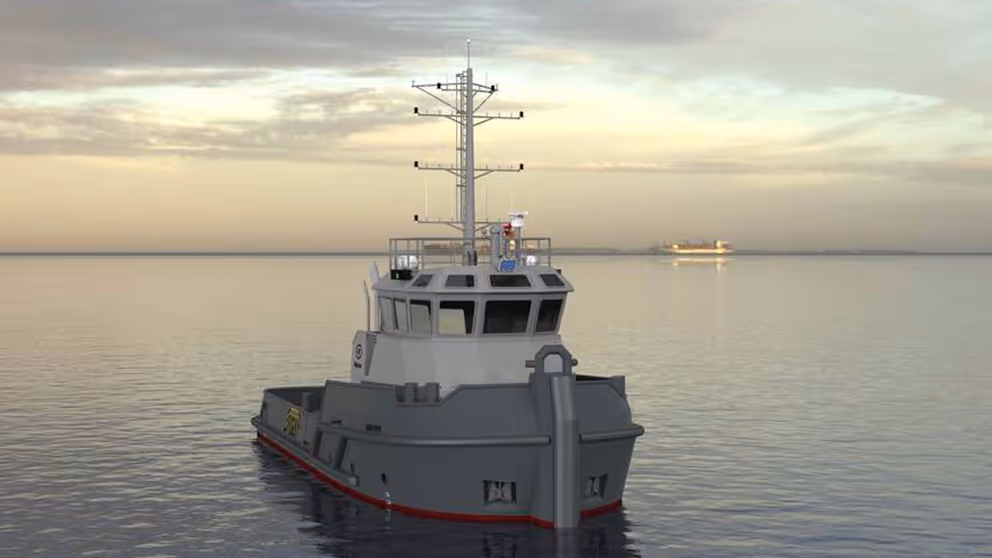 Grijze sleepboot met witte kajuit op het water.