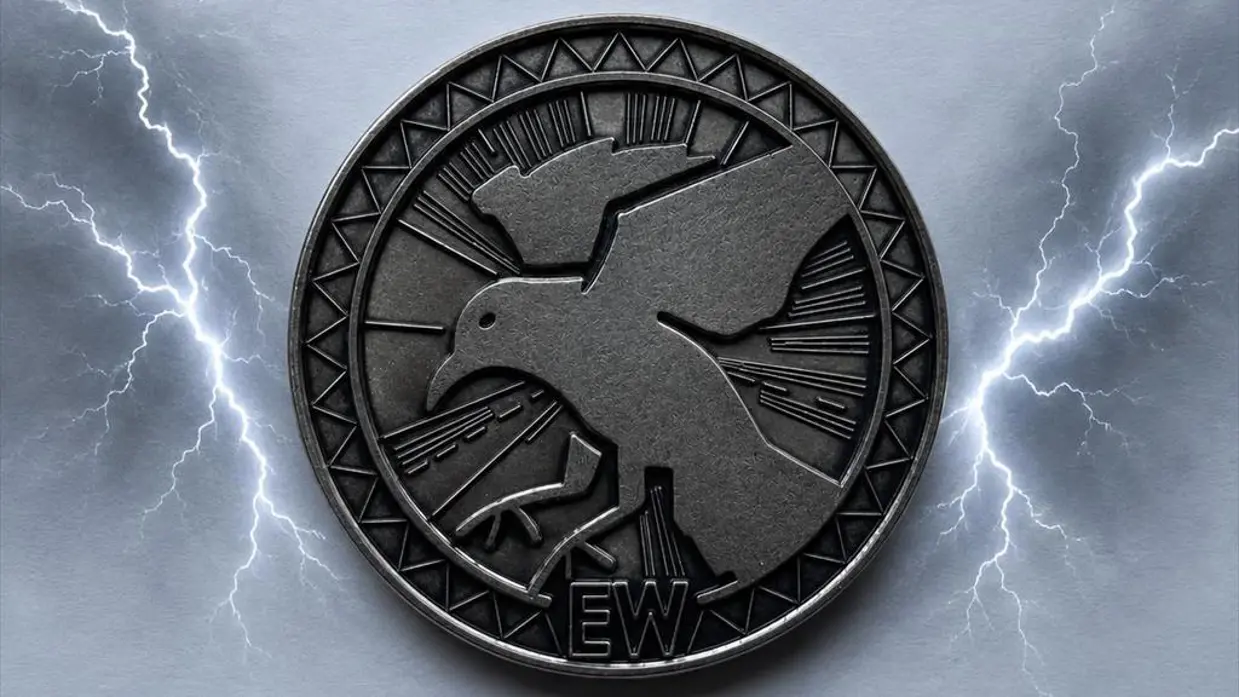 Een donkergrijze medaille met in het midden een landende adelaar, eronder staan de letters ‘EW’. Naast de medaille aan weerszijden een grijze lucht met bliksemflitsen.