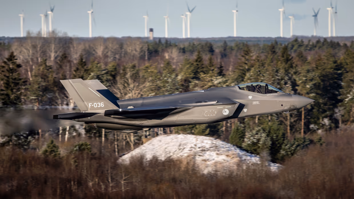 F-35 vliegt boven bos.