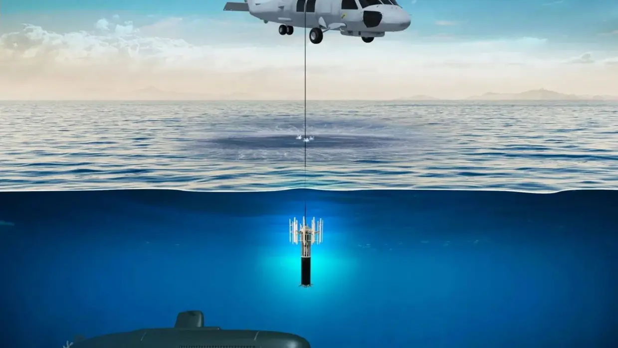 Gestyleerde afbeelding van een sonar die vanuit een helikopter te water wordt gelaten.