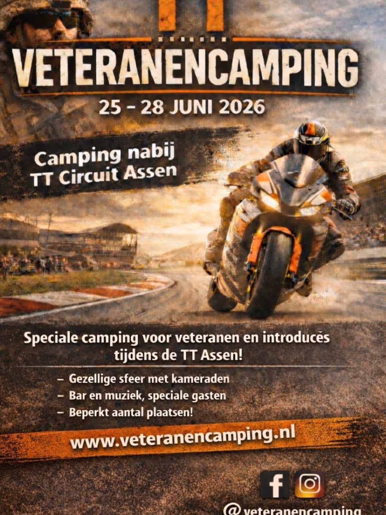 Flyer van de TT Veteranen Camping, met informatie en het vooraanzicht van een motorracer.