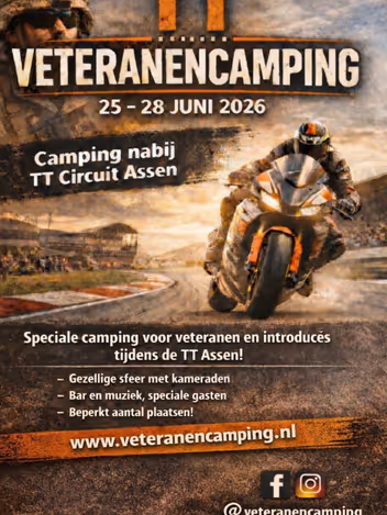 Flyer TT Veteranencamping, met informatie en het vooraanzicht van een motorracer.