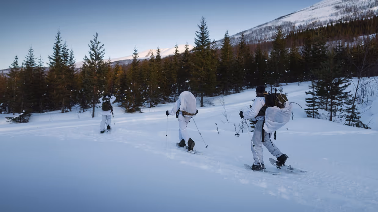 Drie mariniers verplaatsen zich op ski’s in een Noors sneeuwlandschap. &nbsp; &nbsp;