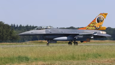 een Belgische F-16 met een tijger op de staart. 