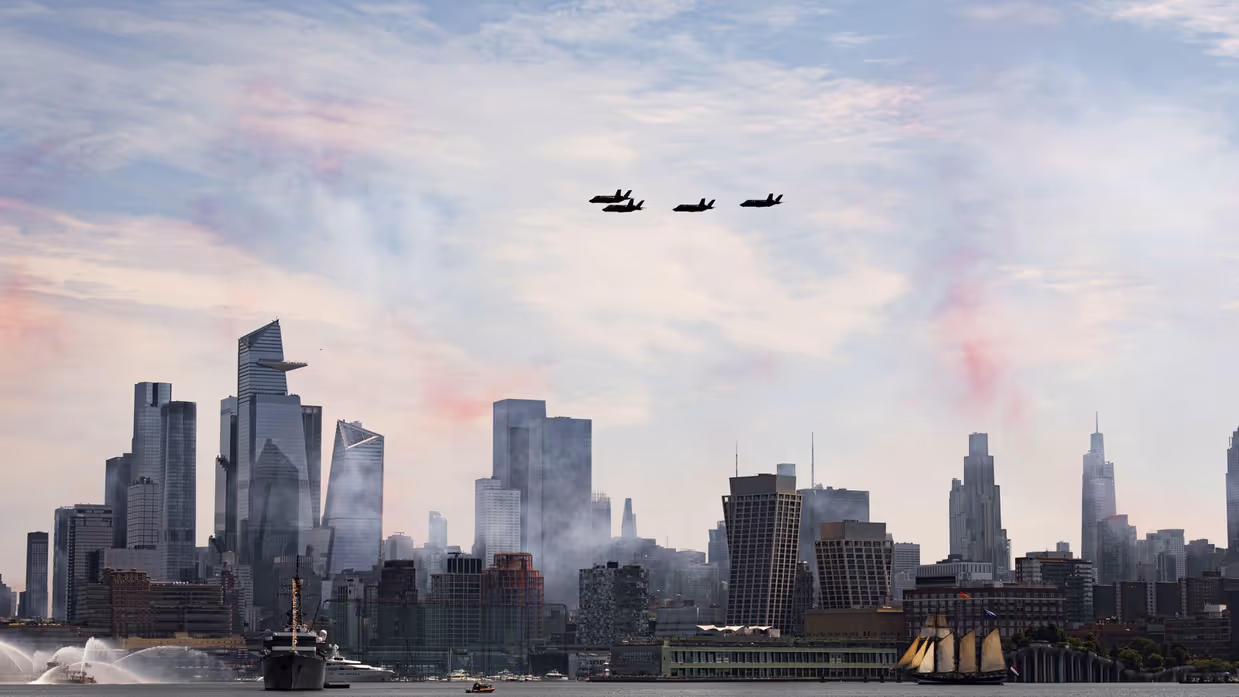  vier F-35’s die over de flatgebouwen van Manhattan scheren. 