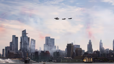  vier F-35’s die over de flatgebouwen van Manhattan scheren. 