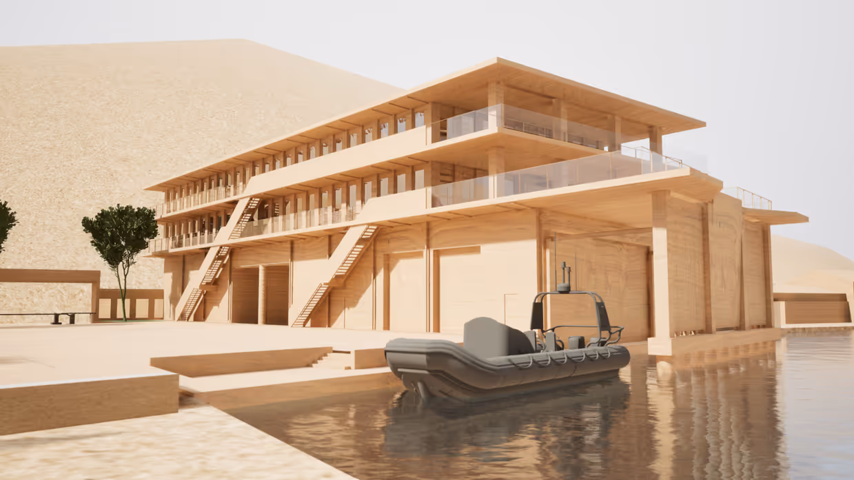 Artist impression van het nieuwe Marinesteunpunt met een FRISC op de voorgrond.