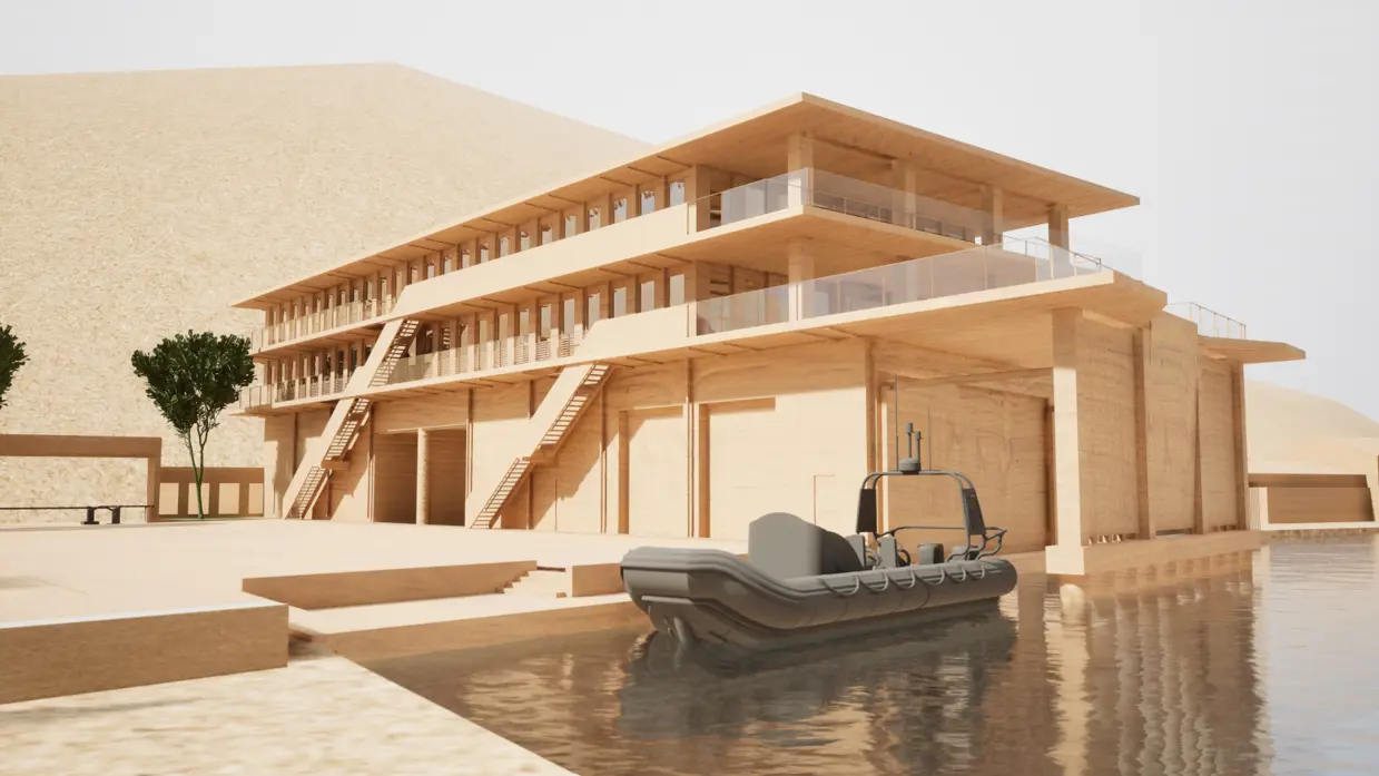 Artist impression van het nieuwe Marinesteunpunt met een FRISC op de voorgrond.