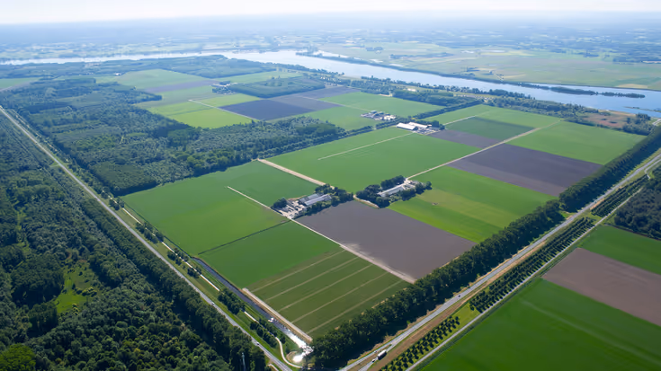 Overzichtsfoto vanuit de lucht van akkers en water